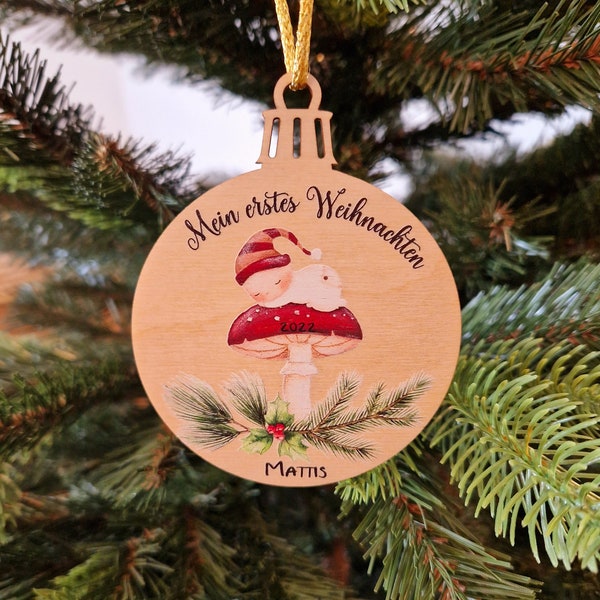 Weihnachtskugeln Mein erstes Weihnachten zum personalisieren Motiv schlafendes Baby auf Pilz