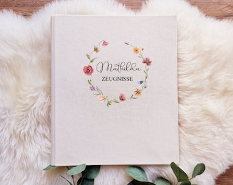 Dossier de certificat personnalisé avec cercle de fleurs BK5/ dossier scolaire/ dossier de certificat en lin / ZM-023