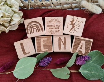 Cubos de madera con grabado, cubos de madera grabados, regalo de bautizo, regalos de nacimiento, regalo bebe personalizado, cubos de letras de madera