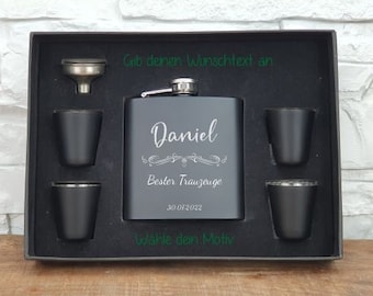 Flachmann Geschenkeset schwarz personalisiert/ Geburtstagsgeschenk/ Vatertags Geschenk/ Trauzeugengeschenk