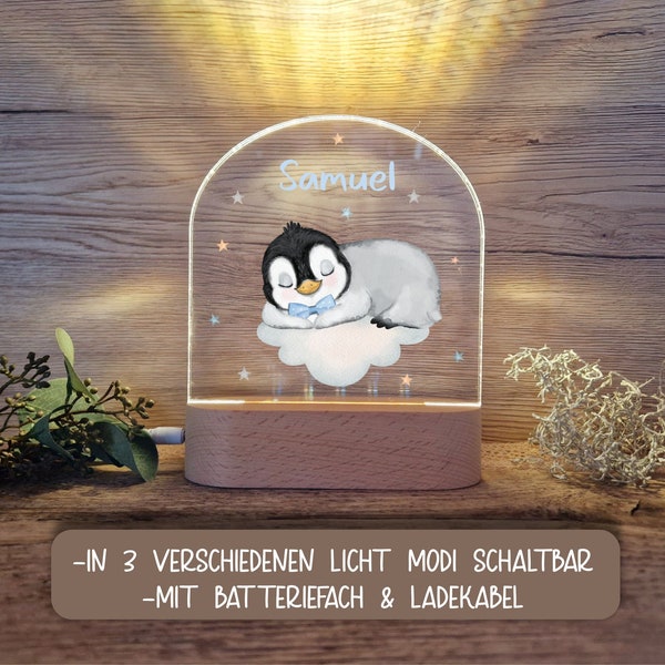 Kinder Nachtlicht Personalisiert LED Motiv Pinguin/Zur Taufe/ Nachtlampe/ Schlummerlicht