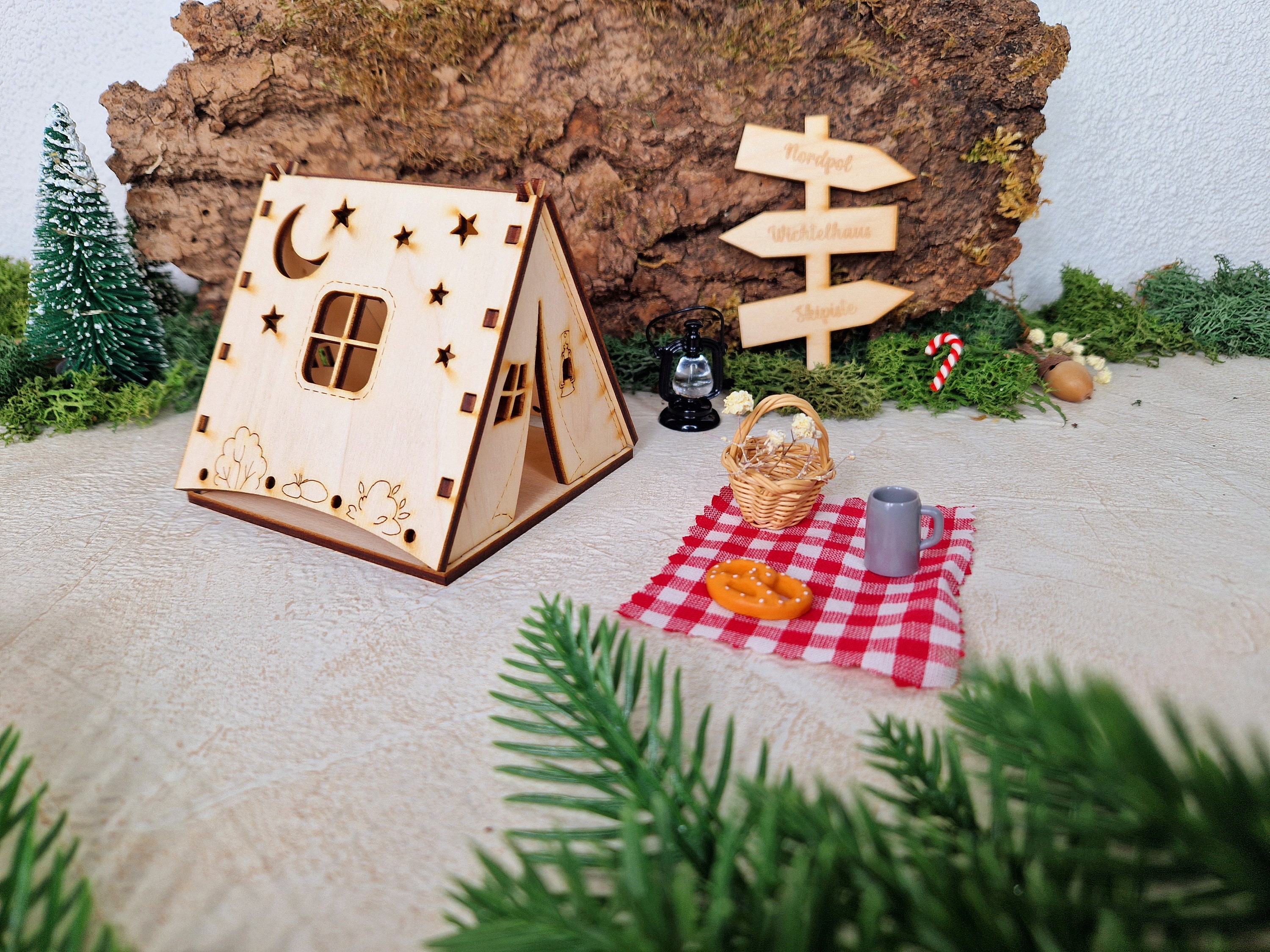 Weihnachtswichtel Set - Miniatur Zelt & Zubehör | Puppenhaus Deko | DIY Wichteltür Dekoration