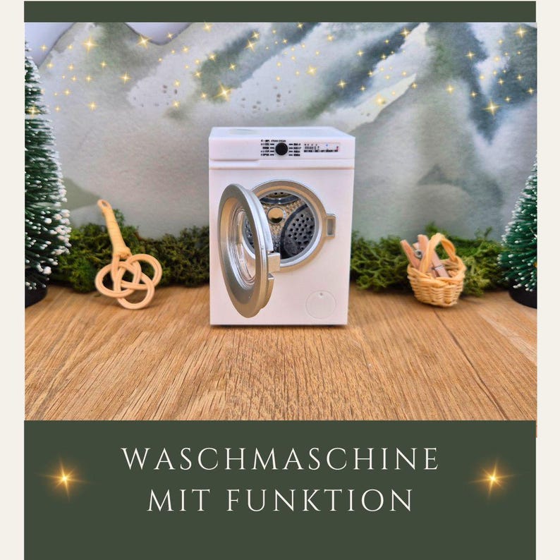 May include: A miniature white washing machine with the door open, revealing the drum. The machine has silver accents and is set on a wooden surface. The text "WASCHMASCHINE MIT FUNKTION" is at the bottom of the image.