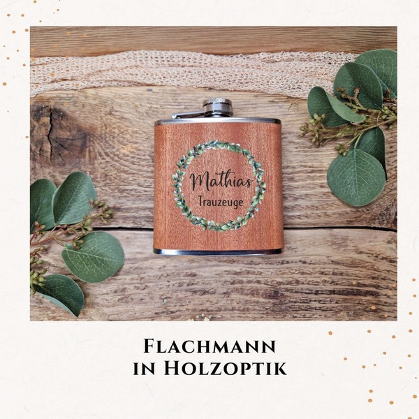 Personalisierter Flachmann Holzdesign/ Flachmann zum personalisieren/ Geburtstagsgeschenk/ Vatertags Geschenk