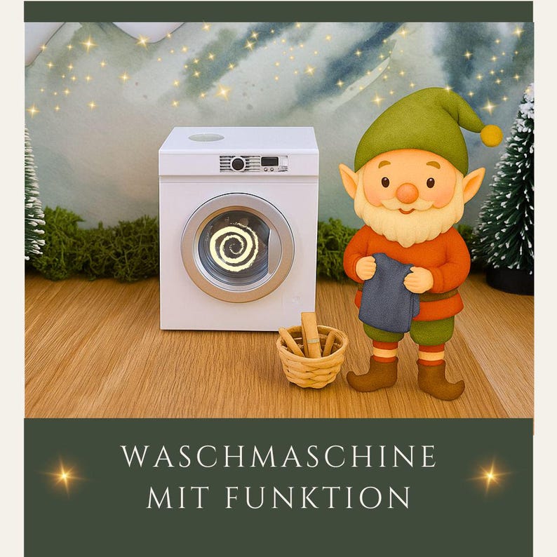 Miniatur Waschmaschine weiß mit Wichtel