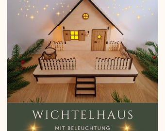 Maison d'elfe en bois « Tomte » – Pièce unique illuminée, fabriquée à la main / Miniature pour l'elfe de Noël / Porte d'elfe / W-103