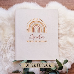 Zeugnismappe beige personalisiert Regenbogen Modell Mädchen 1/ Ordner Schule/ Leinen Zeugnisordner - ZM-028