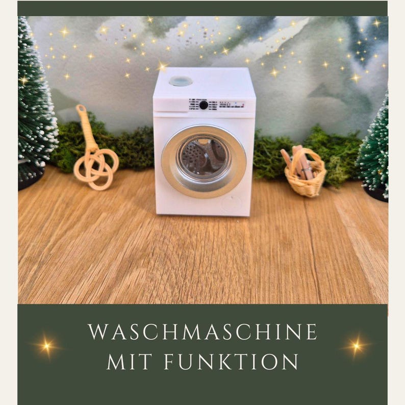 May include: A miniature white washing machine with a silver-colored door and a small basket. The text "WASCHMASCHINE MIT FUNKTION" is at the bottom of the image. The washing machine is on a wooden surface.