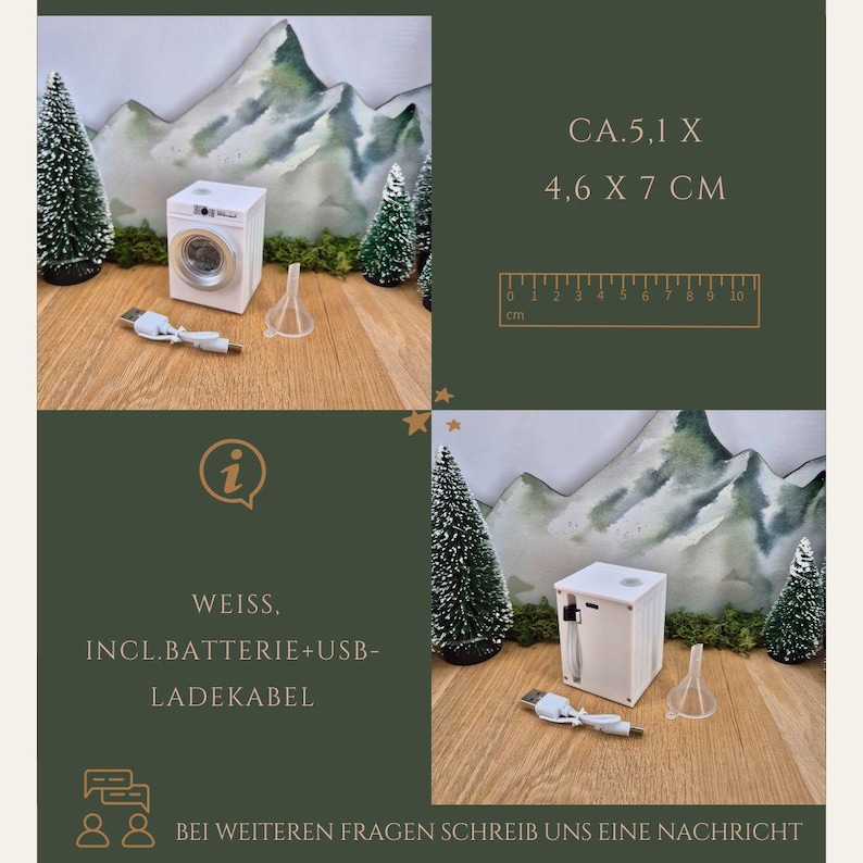 May include: A miniature white washing machine with a USB charging cable and a small funnel. The image includes text that reads "CA.5.1 X 4.6 X 7 CM". The text also includes "WEISS, INCL.BATTERIE+USB-LADEKABEL".