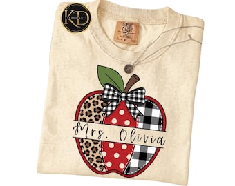 Personalized Teacher Apple Comfort Colors Shirt Custom Teacher Name Tee Leopard Apple Back to School Gift Teacher Appreciation Tee