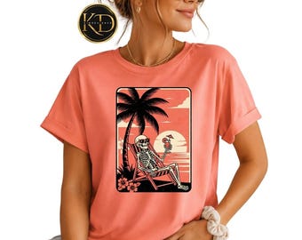 Camiseta de verano con esqueleto para la playa, camiseta tropical con calavera al atardecer, estampado retro de vacaciones de verano y Halloween, regalo para la parte superior de una silla de playa con palmeras