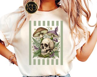 Camiseta de calavera y setas a rayas, camiseta de calavera estilo cottagecore, camiseta botánica de setas, camiseta gráfica gótica de naturaleza, camiseta vintage de bosque