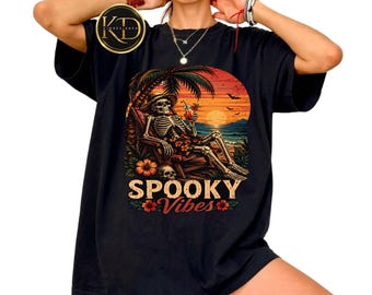 Camiseta de playa con esqueleto y ambiente espeluznante, camiseta de vacaciones de verano para Halloween, camiseta con estampado de esqueleto tropical al atardecer, regalo de ropa de playa gótica