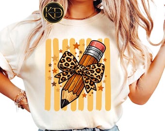 Striped Teacher Pencil Leopard Coquette Bow Comfort Colors Shirt Leopard Bow Pencil Tee Retro Teacher Back to School Gift Cute Educator Tee