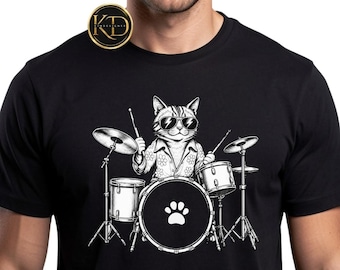 Camiseta divertida de gato tocando la batería con colores cómodos, camiseta de gato musical rockera con estampado de gatito, regalo para amantes de los gatos, bateristas y músicos.