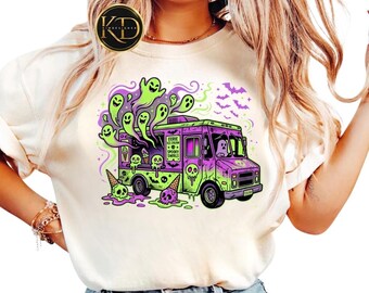 Camiseta de camión de helados espeluznante, camiseta de Halloween de Comfort Colors, camiseta con estampado de fantasma adorable, camión de helados de terror retro, regalo para la temporada de Halloween