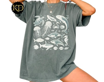 Camiseta vintage de animales marinos, camiseta retro con estampado de vida marina del océano.