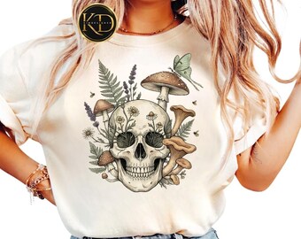 Camiseta con calavera y seta, camiseta estilo cottagecore con calavera, camiseta botánica con esqueleto, camiseta vintage con seta, camiseta gótica natural, regalo original del bosque