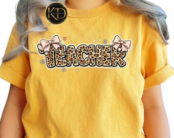 Leopard Teacher Shirt with Coquette Bows, Retro Graphic Tee for Back to School