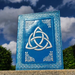 Celtic Leather Writing Journal - Blue Celtic Knot Journal - Medieval Book of Shadows - Triquetra Symbol Journal - Trinity Knot - 7 x 5