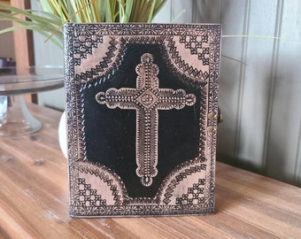 Embossed Leather Cross Journal – Gothic Christian Sketchbook (8x6)