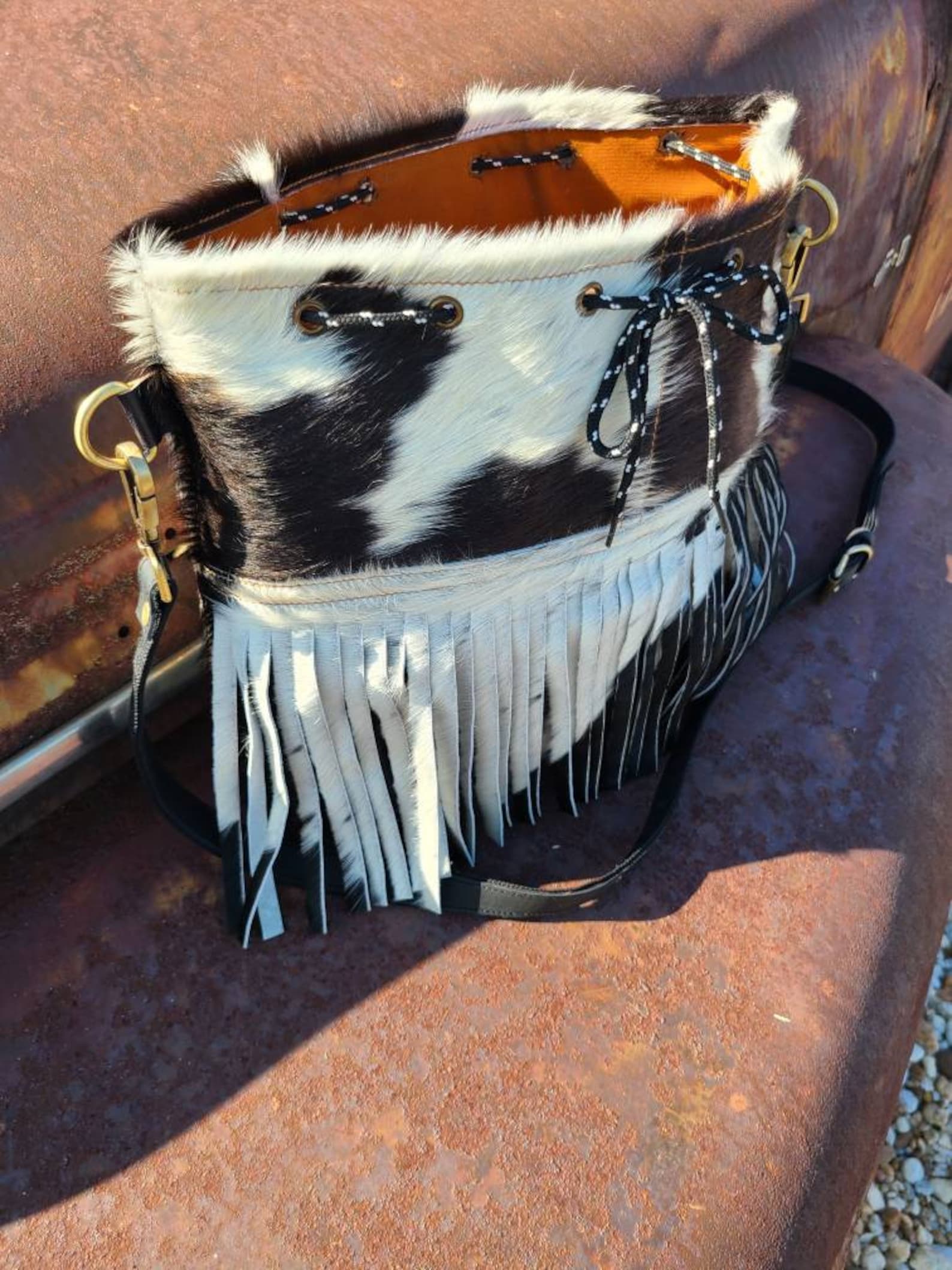 Cowhide Leather Handbag Fringed Cowhide Leather Bag Black Etsy