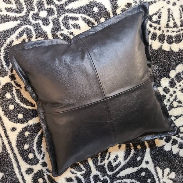 100% Leather Pillow Cover - Lambskin Black Leather Throw Pillow - Black Pillow Cover  -  Leather Cushion - Leather Home Design - 20 x 20