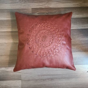 100% Leather Cognac Red Throw Pillow Cover - Mandala Pillow Cover - Leather Cushion Cover - Leather Home Decoration - Leather Pillow