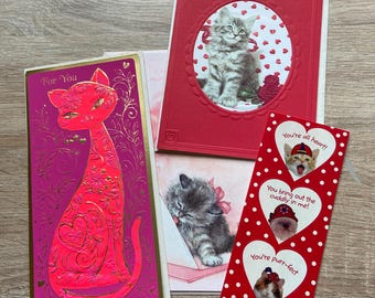 Vintage Cat Valentine Cards & Stickers - Lot of 3