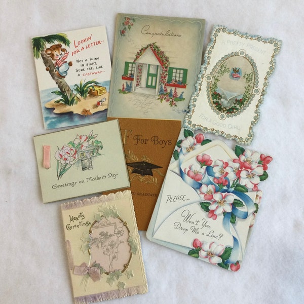 Vintage Lot 7 Unused Assorted Greeting Cards - Vintage Greeting Card and Envelopes