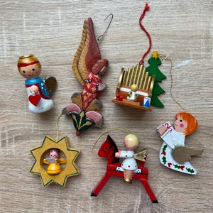 Vintage Wood Angel Ornaments - Set of 6 Small Christmas Tree