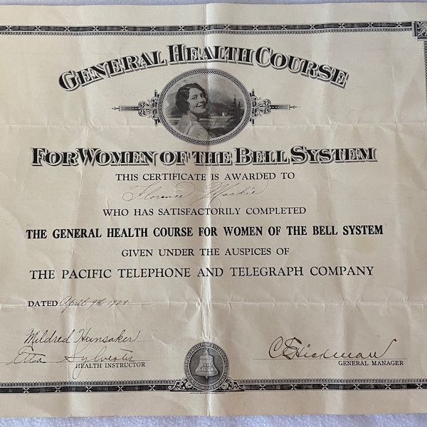 Vintage 1928 Diploma - General Health Course Diploma - Bell System Ephemera