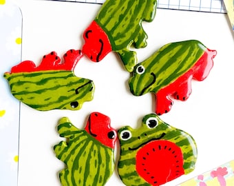 Ceramic Frog Magnet, watermelon frog lover gift for best friend, colourful magnet, handmade gift for her, clay magnet, Animal Magnet