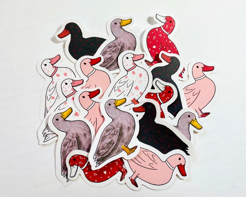 May include: A collection of 14 hand-drawn illustrations of ducks in various poses. The ducks are drawn in a cartoon style and are colored in pink, red, black, and white. Some of the ducks are wearing hearts.