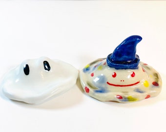 Ceramic Halloween blob figurines, ghost figure, ghost art, wizard figurine, cottagecore decor, studio decor, gift for artist, fun desk decor