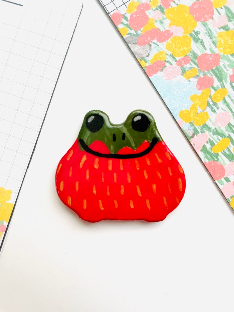 Ceramic Frog Magnet, frog decor, kitchen fridge magnet, Cottagecore decor, couples gift, Animal Magnet, handmade gift, unique gift for her Strawberry