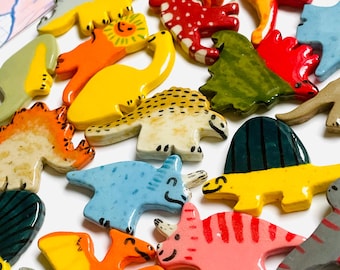 4 Pack Mini Ceramic Dinosaur Magnet Set, Hand-Painted Dino Decor