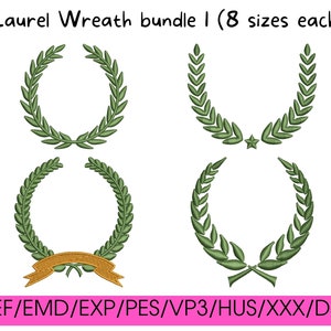 Può includere: Un set di quattro ghirlande di alloro verdi di diverse dimensioni. Le ghirlande hanno la forma di un cerchio e hanno un nastro in basso. Il testo "JEF/EMD/EXP/PES/VP3/HUS/XXX/DST" è in basso nell'immagine.