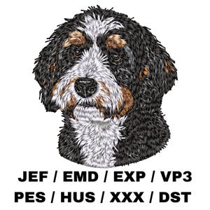 Broderidesign för Bernedoodle-ansiktsporträtt | Maskinsömfil för realistisk trefärgad hund
