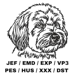 Pode incluir: Um desenho a traço preto e branco da cabeça de um cão, com detalhes de pelo e traços faciais. A imagem inclui texto na parte inferior indicando vários formatos de arquivo de bordado: JEF, EMD, EXP, VP3, PES, HUS, XXX e DST.