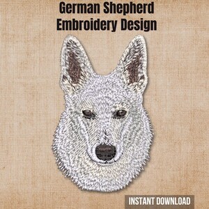 May include: An embroidery design featuring the head of a white German Shepherd dog with pointed ears and dark eyes. The text "German Shepherd Embroidery Design" appears at the top, and "INSTANT DOWNLOAD" is printed at the bottom right corner.