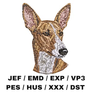 Könnte beinhalten: Gestickter Hundekopf mit großen, aufrechten Ohren, mit braunem und weißem Fell. Die Nase des Hundes ist schwarz, und das Bild enthält den Text "JEF / EMD / EXP / VP3 PES / HUS / XXX / DST" am unteren Rand.