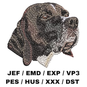 Könnte beinhalten: Gestickte Darstellung eines braunen und weißen Hundekopfes mit dem Text "JEF / EMD / EXP / VP3 PES / HUS / XXX / DST" darunter.