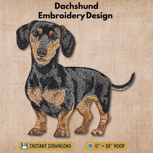 May include: An embroidery design of a black and tan dachshund dog. The text above reads Dachshund Embroidery Design. Below, icons indicate Instant Download and a 6 inch by 10 inch hoop size. The dog is depicted in a standing position.