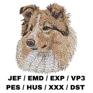 May include: Embroidered design of a brown and white Collie dog's head. The dog is looking to the right. The design is suitable for embroidery projects.