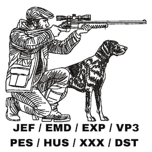 Peut inclure: Illustration en noir et blanc d'un chasseur avec un fusil et un chien. Le chasseur porte un chapeau et une veste. Le chien est debout à côté du chasseur. Le texte "JEF / EMD / EXP / VP3 PES / HUS / XXX / DST" est sous l'image.