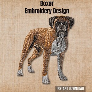 May include: An embroidery design of a Boxer dog with brown brindle fur and white markings on the chest and paws. The text Boxer Embroidery Design and Instant Download is visible. The dog is depicted in a standing position with a dark muzzle.