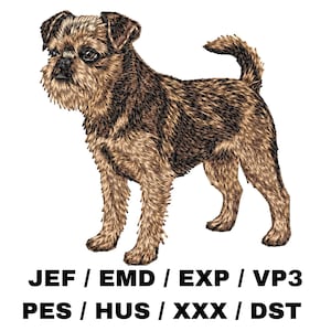 Könnte beinhalten: Eine Stickerei eines Brüsseler Griffon-Hundes in Braun- und Beigetönen auf weißem Hintergrund. Der Hund wird mit Bart und eingerollter Rute dargestellt. Der Text darunter lautet: JEF / EMD / EXP / VP3 PES / HUS / XXX / DST.