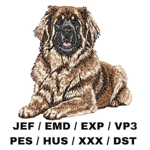 May include: An embroidered image of a Leonberger dog in shades of brown and black, lying down with its tongue slightly out. The image includes text at the bottom indicating file formats: JEF, EMD, EXP, VP3, PES, HUS, XXX, and DST.