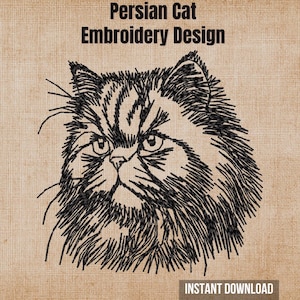 May include: A black machine embroidery design of a Persian cat face with detailed fur texture. The text "Persian Cat Embroidery Design" appears at the top, and "INSTANT DOWNLOAD" is printed in a white box at the bottom on a tan background.